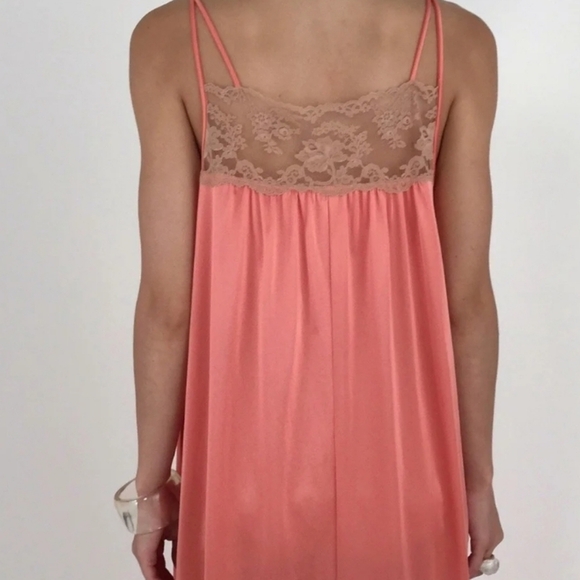 Vintage 60s 70s Henson Kickernick Coral Lace Trim Nightgown Lingerie Slip Dress - Picture 2 of 13